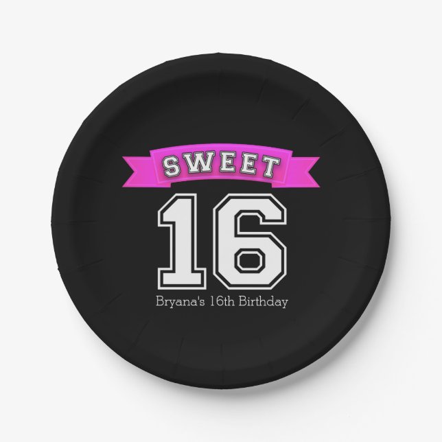Sweet 16 Black & Pink Sports Birthday Party Paper Plate (Front)