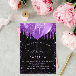 Sweet 16 black purple glitter balloons glamourous invitation<br><div class="desc">For an elegant Sweet 16,  16th birthday.  A stylish black background. Decorated with purple faux glitter and balloons.  Personalise and add a name,  age and party details. The name is written with a hand lettered style script</div>