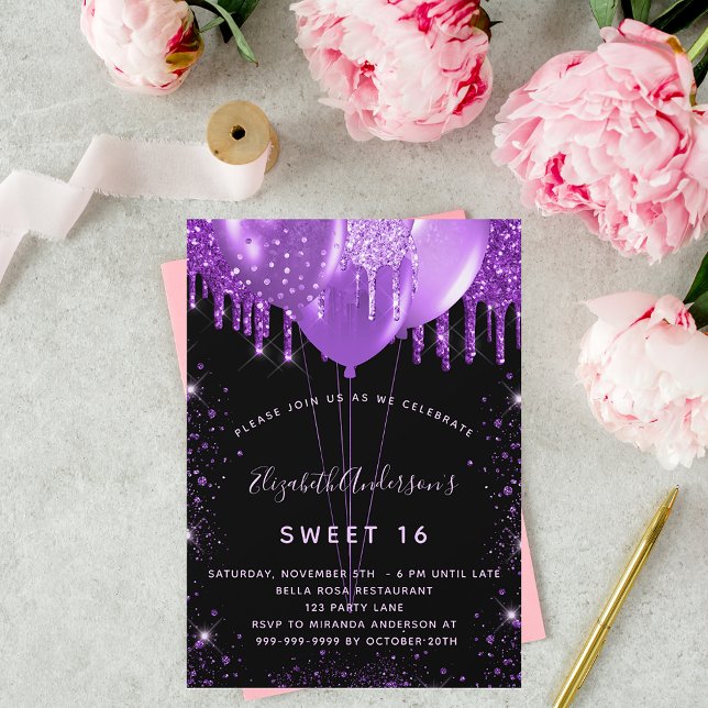 Sweet 16 black purple glitter balloons glamourous invitation (Creator Uploaded)
