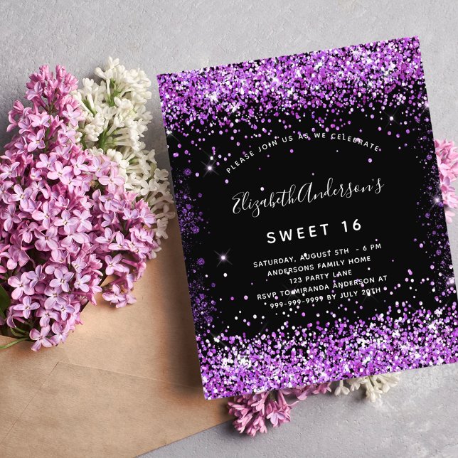 Sweet 16 black purple glitter budget invitation flyer (Creator Uploaded)