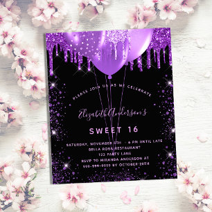 Sweet 16 black purple glitter budget invitation flyer