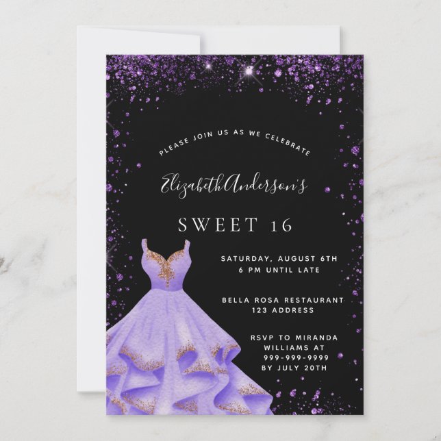 Sweet 16 black purple glitter dust dress invitation (Front)
