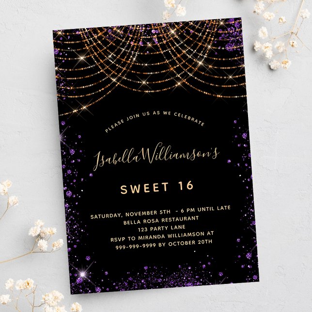 Sweet 16 black purple glitter dust gold birthday invitation (Creator Uploaded)