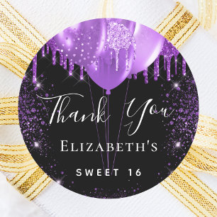 Sweet 16 black purple glitter name thank you classic round sticker