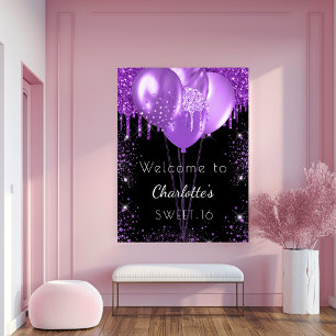 Sweet 16 black purple glitter welcome balloons poster