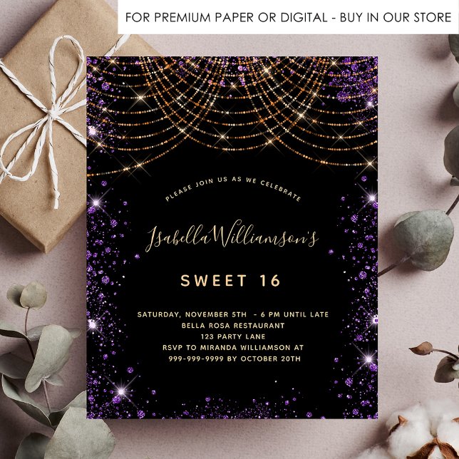 Sweet 16 black purple gold budget invitation flyer (Creator Uploaded)