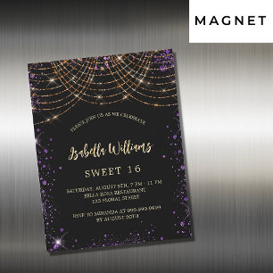 Sweet 16 black purple gold glitter glamourous magnetic invitation