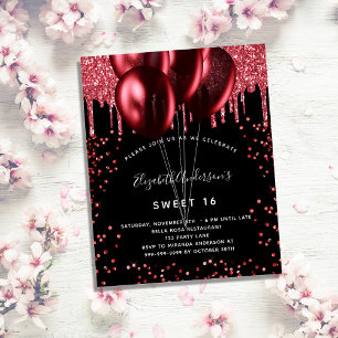 Sweet 16 black red balloons invitation