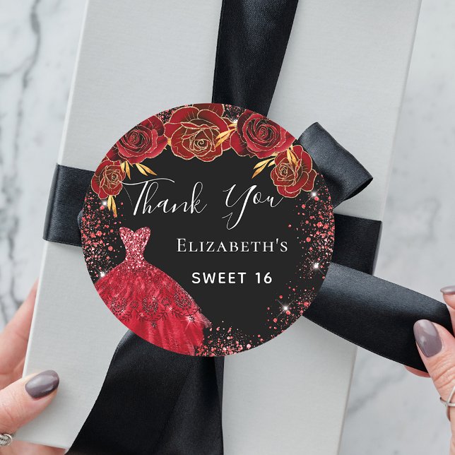 Sweet 16 black red dress florals Thank You  Classic Round Sticker (Creator Uploaded)