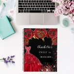 Sweet 16 black red dress flowers 2024 planner<br><div class="desc">A stylish black background decorated with red flowers,  sparkles and a red dress. Personalise and add name,  age and date.</div>