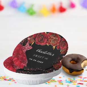 Sweet 16 black red dress flowers paper plate