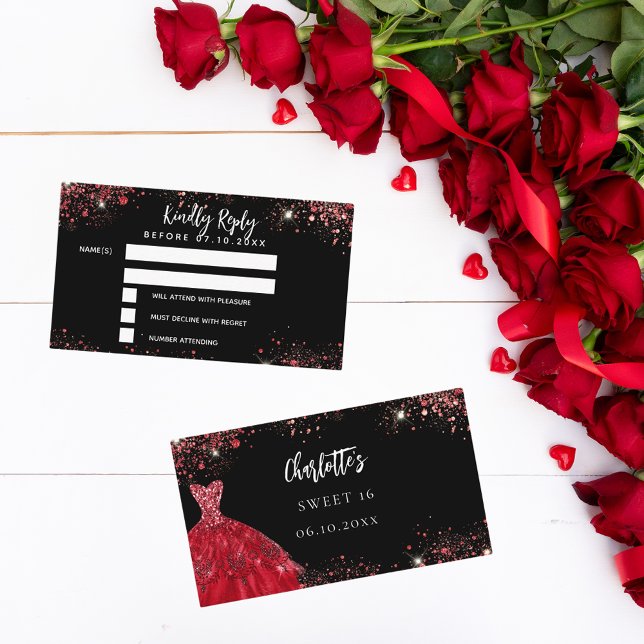 Sweet 16 black red dress response RSVP card (Creator Uploaded)