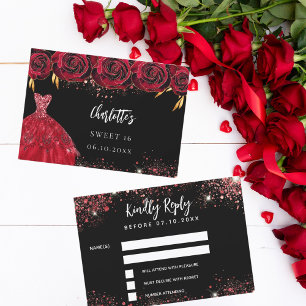 Sweet 16 black red dress response RSVP card