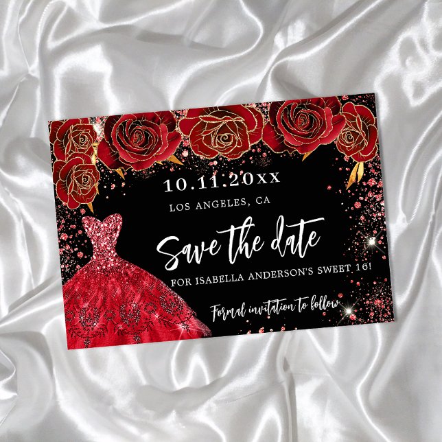 Sweet 16 black red dress save the date announcement postcard (Creator Uploaded)