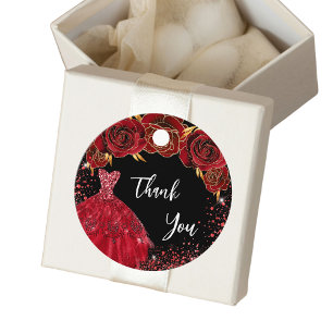 Sweet 16 black red dress thank you favour tags