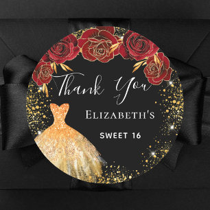 Sweet 16 black red gold dress Thank You Classic Round Sticker
