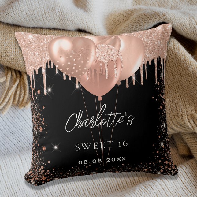 Sweet 16 black rose gold balloons party cushion (Creator Uploaded)