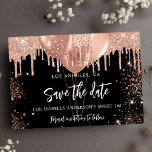 Sweet 16 black rose gold balloons Save The Date Announcement Postcard<br><div class="desc">A black background decorated with blush,  rose gold faux glitter drips,  sparkles,  and balloons. Personalise and add a date and name/age.  The text: Save the Date is written with a large trendy hand lettered style script.</div>