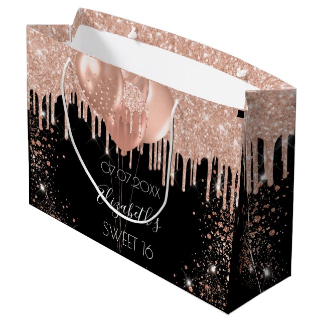 Sweet 16 black rose gold blush glitter balloons large gift bag (Back Angled)
