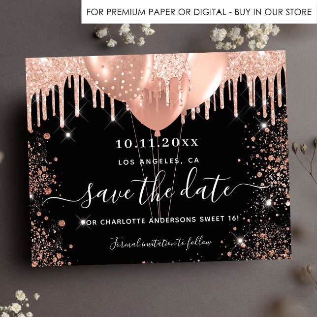 Sweet 16 black rose gold budget save the date flyer (Creator Uploaded)
