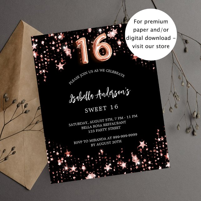Sweet 16 black rose gold stars invitation (Creator Uploaded)
