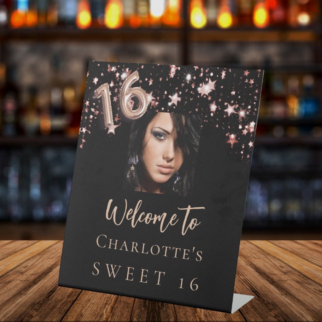 Sweet 16 black rose gold stars photo welcome  pedestal sign (Creator Uploaded)