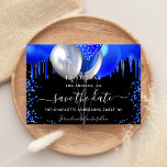 Sweet 16 black royal blue balloons save the date<br><div class="desc">A black background decorated with royal blue drips,  confetti,  and balloons. Personalise and add a date and name/age.  The text: Save the Date is written with a large trendy hand lettered style script.</div>