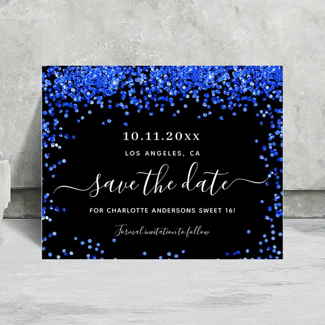 Sweet 16 black royal blue budget save the date flyer (Creator Uploaded)