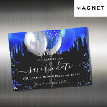 Sweet 16 black royal blue save the date magnet<br><div class="desc">A black background decorated with royal blue drips,  confetti,  and balloons. Personalise and add a date and name/age.  The text: Save the Date is written with a large trendy hand lettered style script.</div>