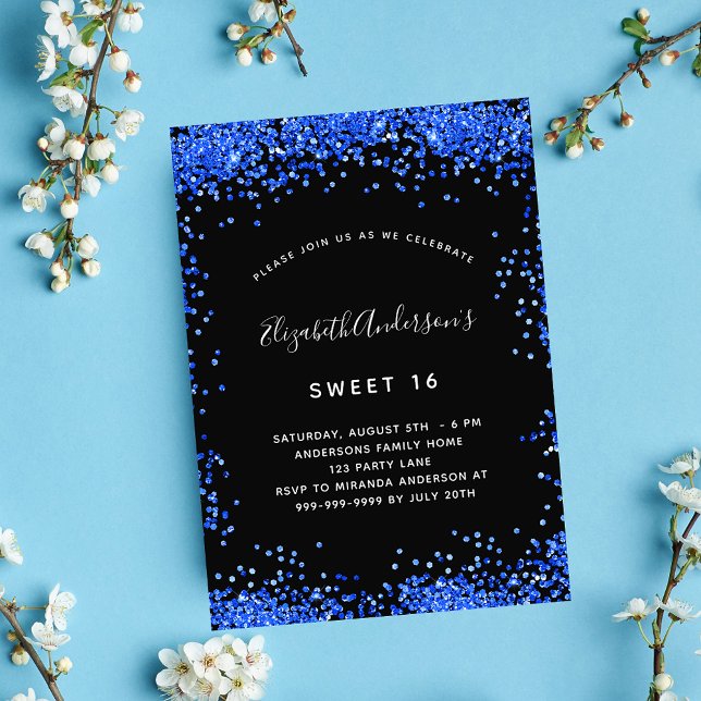 Sweet 16 black royal blue sparkles luxury invitation (Creator Uploaded)