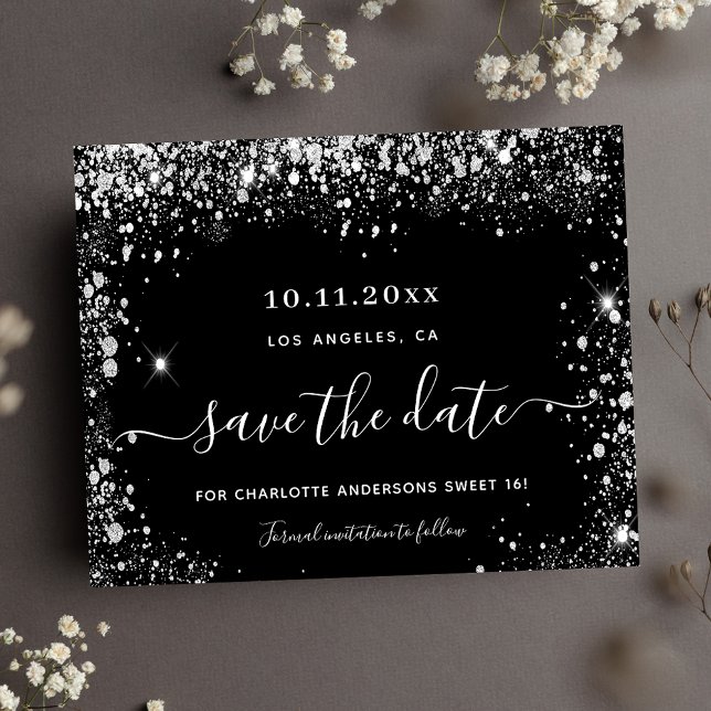 Sweet 16 black silver budget save the date flyer (Creator Uploaded)