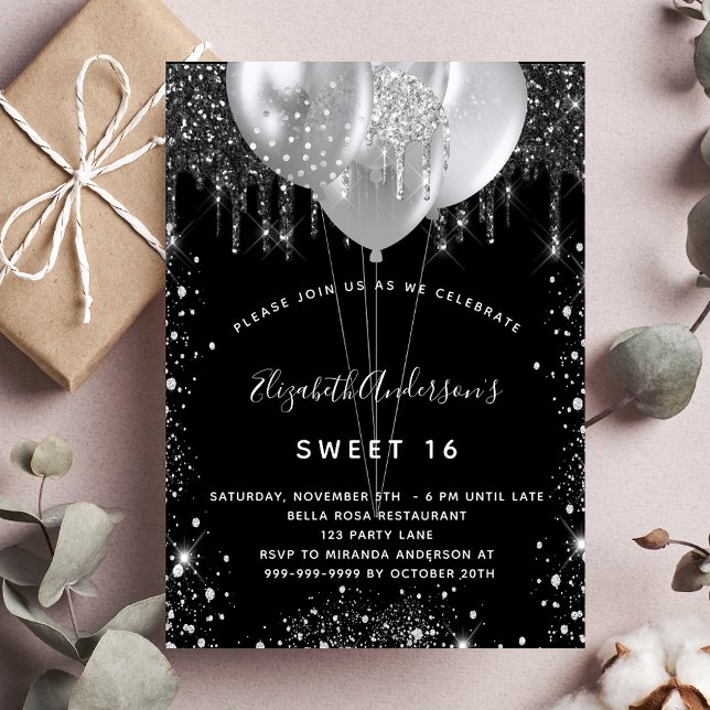 Sweet 16 black silver glitter balloons invitation (Creator Uploaded)