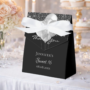 Sweet 16 black silver glitter balloons thank you favour box