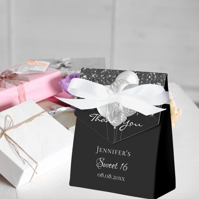 Sweet 16 black silver glitter balloons thank you favour box (Creator Uploaded)