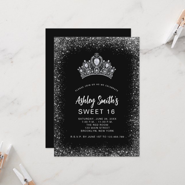 Sweet 16 Black Silver Glitter Diamond Tiara Invitation (Front/Back In Situ)
