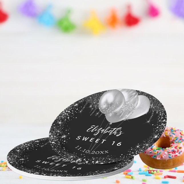 Sweet 16 black silver glitter name balloons paper plate (Creator Uploaded)