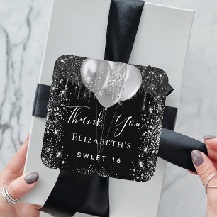 Sweet 16 black silver glitter name thank you classic round sticker