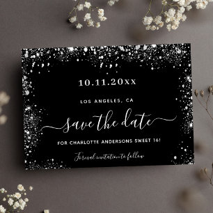 Sweet 16 black silver glitter save the date