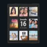 Sweet 16 black silver photo collage name fleece blanket<br><div class="desc">A unique gift for a girl's Sweet 16, 16th birthday, celebrating her life with a collage of 8 of your own photos, pictures. Personalise and add her name and a date. A chic black background. The name is written with a modern hand lettered style script. Number 16 with faux silver...</div>