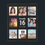 Sweet 16 black silver photo collage name fleece blanket<br><div class="desc">A unique gift for a girl's Sweet 16, 16th birthday, celebrating her life with a collage of 8 of your own photos, pictures. Personalise and add her name and a date. A chic black background. The name is written with a modern hand lettered style script. Number 16 with faux silver...</div>