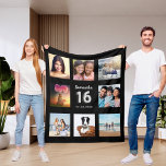 Sweet 16 black silver photo collage name fleece blanket<br><div class="desc">A unique gift for a girl's Sweet 16, 16th birthday, celebrating her life with a collage of 8 of your own photos, pictures. Personalise and add her name and a date. A chic black background. The name is written with a modern hand lettered style script. Number 16 with faux silver...</div>