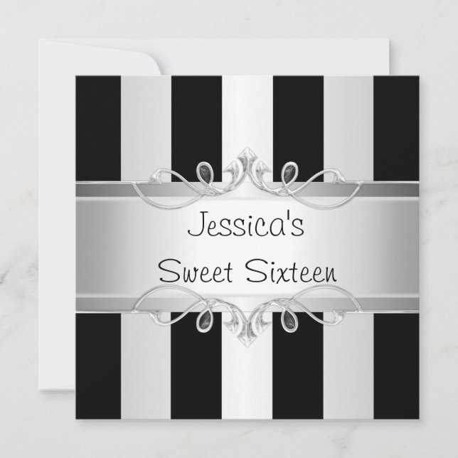 Sweet 16 Black & Silver Stripe Jewel Party Invitation (Front)