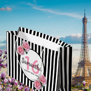 Sweet 16 black stripes pink florals name large gift bag