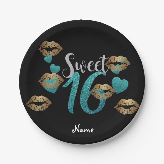 Sweet 16 Black Turquoise Gold Glitter Custom Paper Plate
