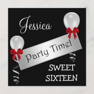 Sweet 16 Black White Silver Red Bows Balloons Invitation