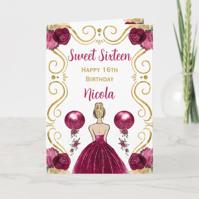 Sweet 16 Blonde Princess Burgundy Happy Birthday Card (Front)