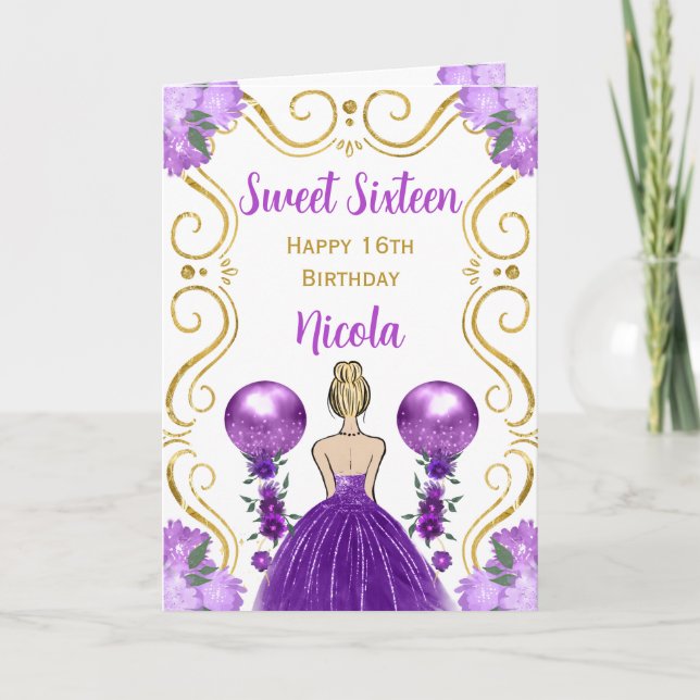 Sweet 16 Blonde Princess Purple Happy Birthday Card (Front)
