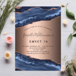 Sweet 16 blue agate marble rose gold invitation<br><div class="desc">A modern,  stylish and glamourous invitation for a Sweet 16,  16th birthday party.  Blue and rose gold agate,  marble stone background. The name is written with a modern hand lettered style script.  Personalise and add your party details.</div>