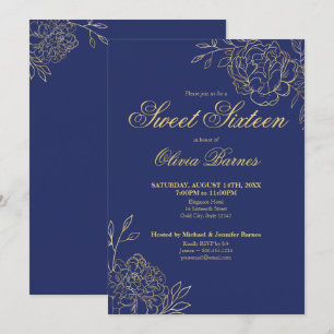 Sweet 16 Blue and Gold Line Art Flowers Floral Invitation