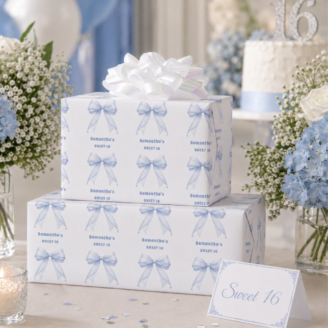 Sweet 16 blue bow pearls wrapping paper (Creator Uploaded)